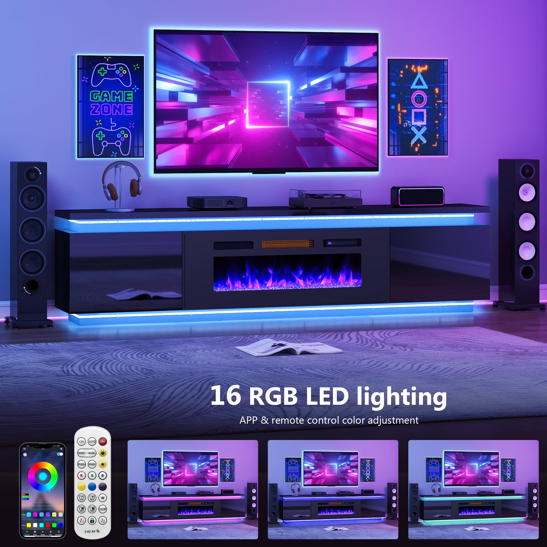 Anrist Electric Fireplace TV Stand for TVs up to 95" with LED Lights & 4 AC Power Outlets, TV console for Living Room, Black, Ship in 2 Boxs