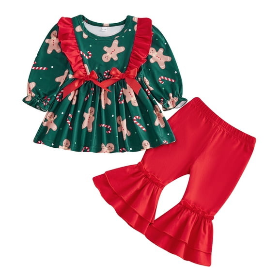 Elippeo Toddler Girl Christmas Outfits Gingerbread Man Print Ruffled Long Sleeve Tops with Solid Color Flare Pants Set 6 12 18 24 Months 3 4 Years