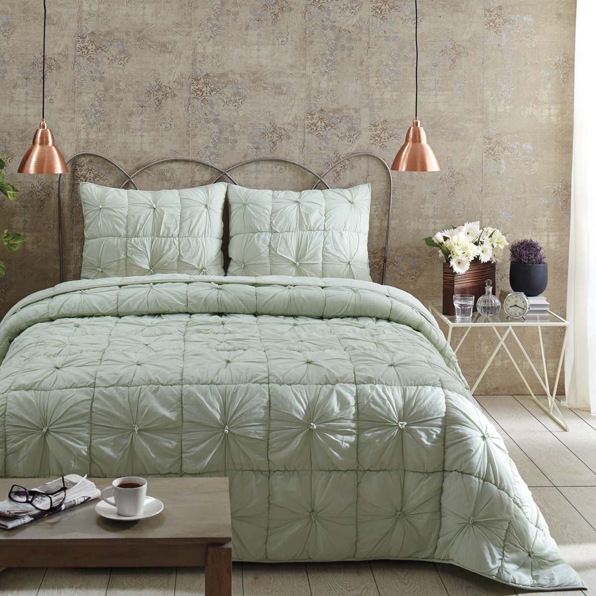 Mint Green Farmhouse Bedding Camille Cotton PreWashed Pleated Voile