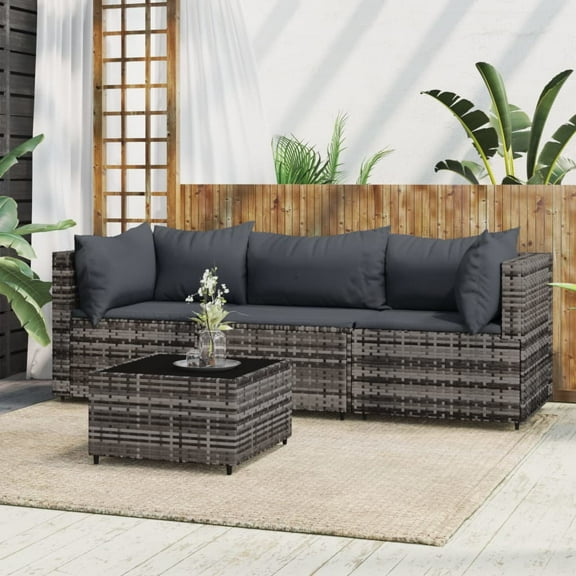 vidaXL 4 Piece Patio Lounge Set with Cushions Gray Poly Rattan