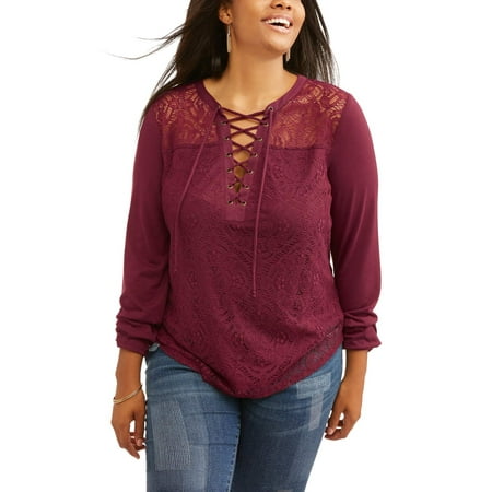 Juniors' Plus Lace Overlay Lace-Up Henley Long Sleeve Blouse