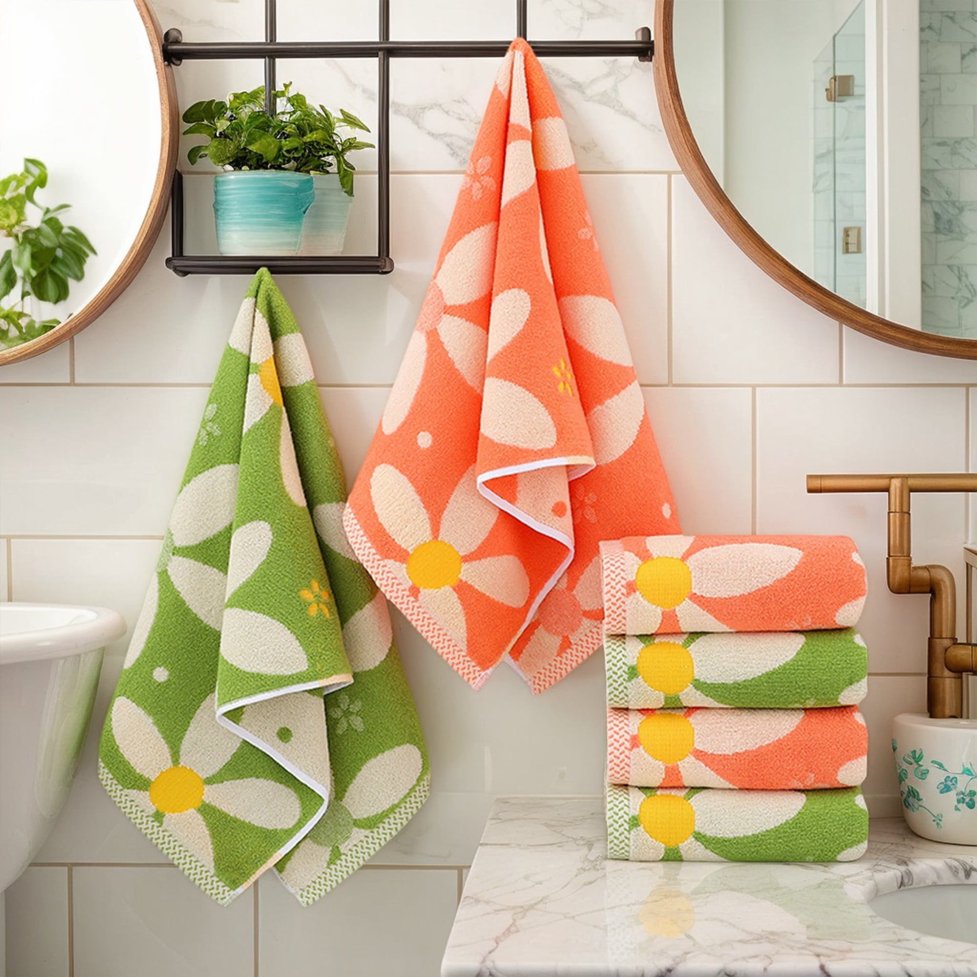 Unique Bargains 4 Pcs Cotton Soft Absorbent Hand Towels 13 x 29 Inch Green/White