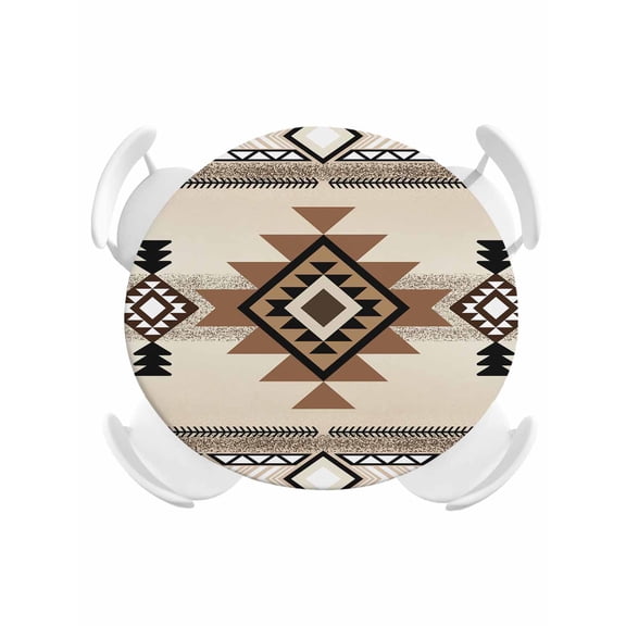 Round Tablecloth Boho Elastic Edge Fitted Southwest Aztec Pattern Plastic Table Cover,Waterproof Oil Proof for Dinner,Outdoor, Picnic, 55"- 60" DIA Tables Brown Beige