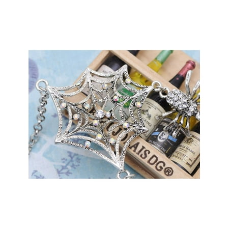 - Gunmetal Tone AB Crystal Rhinestones Spider Lily Web Silver Chains Necklace