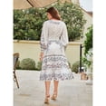 thumbnail image 2 of White Floral Embroidered Lantern Sleeve Ruffle Hem Midi Dress, 2 of 6