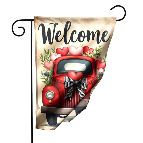 Vintage Red Truck Welcome Garden Flag 12.5x18 Inch Double Sided Decorative Yard Flag with Heart and Checkered Bow Design for Front Porch Lawn Patio Outdoor Home Decor Seasonal Holiday Display