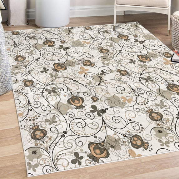Floral Decorative Rug, Abstract Dreamy Illustration of Flowers and Butterflies Swirling Design Branches, Quality Carpet for Bedroom Dorm and Living Room, 6 Sizes, Dark Sepia, by Ambesonne