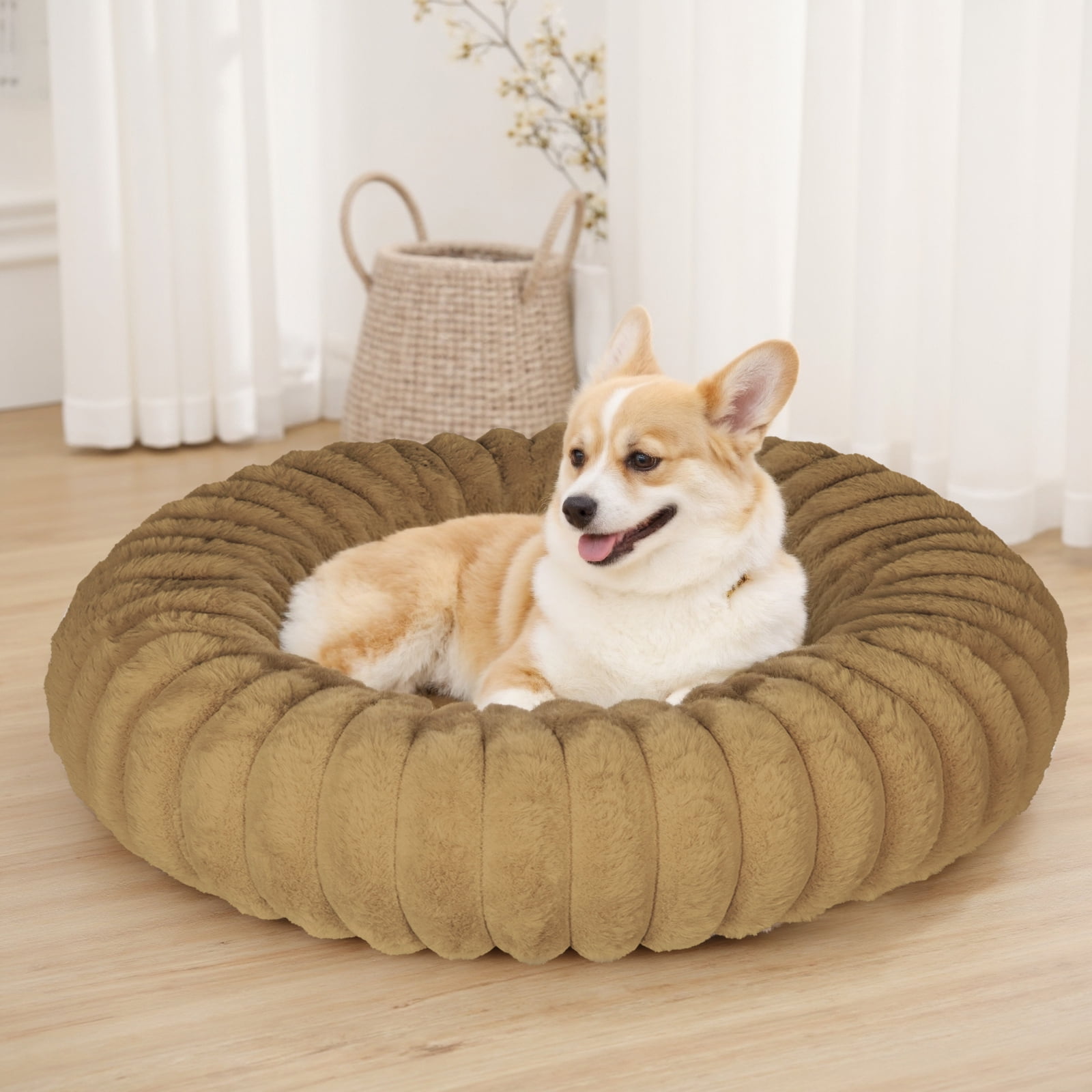 Katieovy Donut Dog Beds for Samll Dogs,Fluffy Calming Dog Beds with Non-Slip Bottomm,20 x 20 inch Washable Round Dog Cat Beds,Khaki