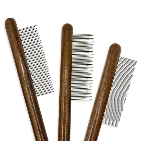 Professional Wooden Cat Comb - 3 Pack Dog Combs with Rounded Ends, Steel Teeth for Removing Tangles and Knots - Ideal Grooming Tool for Long and Short-Haired Dogs, Cats, and Other Pets