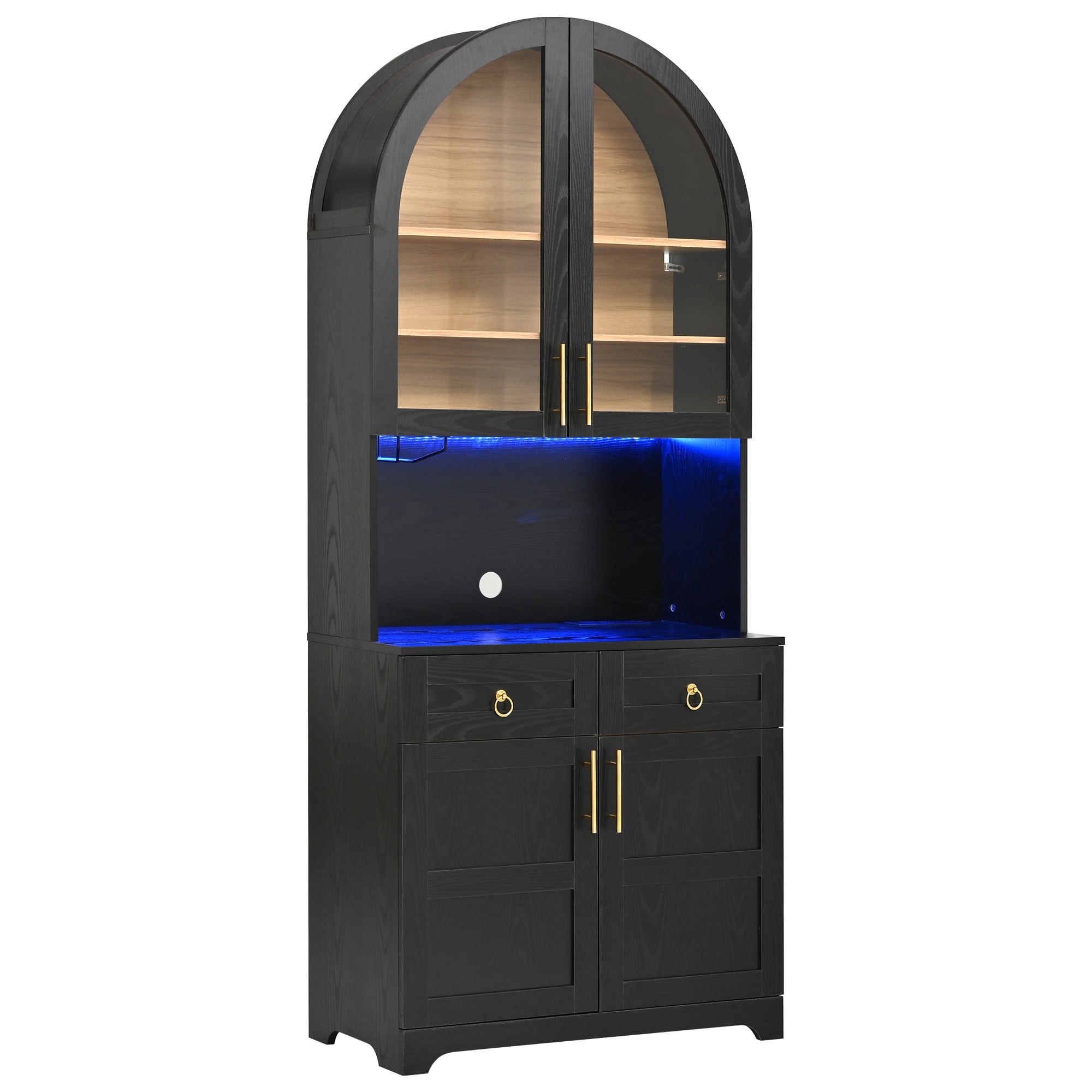 Aukfa 73" Tall Arched Kitchen Pantry, Accent Storage Cabinet with 3 Glass Doors & Door Shelves, Farmhouse Cupboard, Black