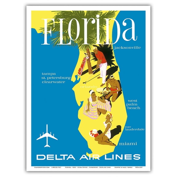 Florida - Golf - Scuba Diving - Sunbathing - Delta Air Lines - Vintage Airline Travel Poster by John Hardy c.1960s - Master Art Print (Unframed) 9in x 12in