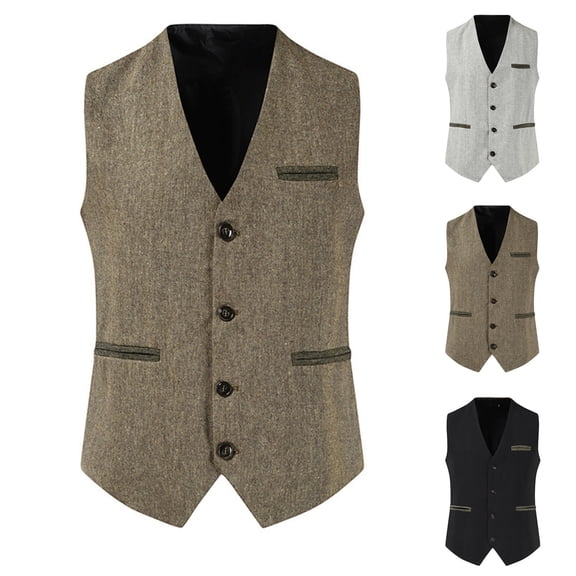 Xcmzpl Men's Tweed Plaid Vest V Neck Single Breasted Sleeveless with Pockets Daily Business Office Wear