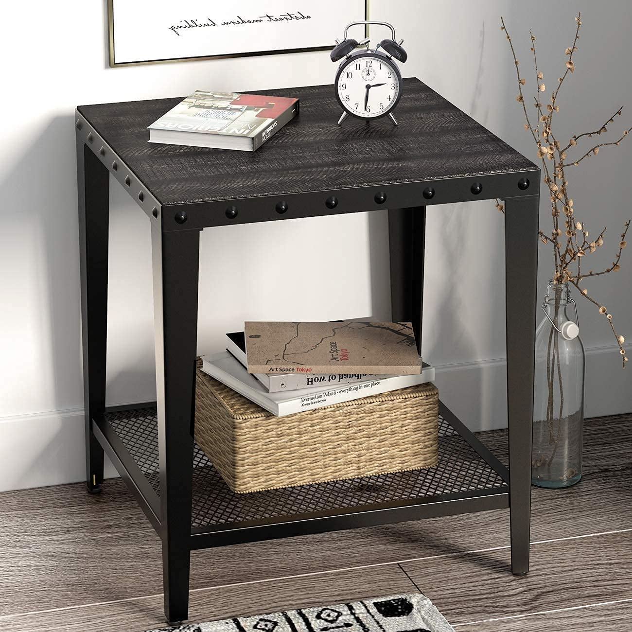 Allewie Black Rustic End Table with Storage Shelf for Living ...
