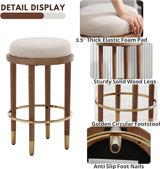 Guyou 26" Backless Counter Height Bar Stool Set of 2, Modern Round Linen Upholstered Stools, Farmhouse Wooden Kitchen Island Chairs for Restaurant Kitchen Bistro, Beige
