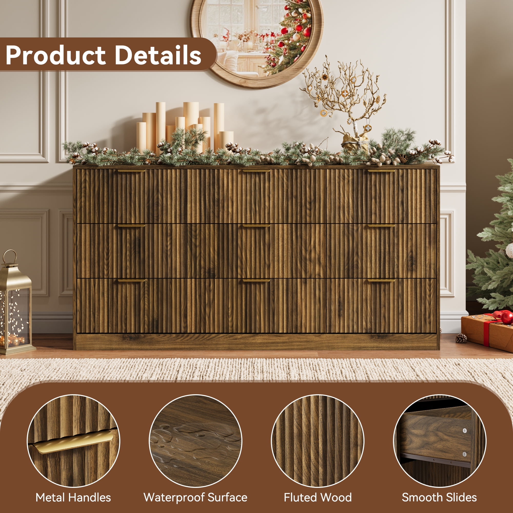 YouTrend 9 Drawer Dresser with for Bedroom,Modern Fluted Wood Chest of Drawer with Golden Embedded Handles for Living Room,Hallway