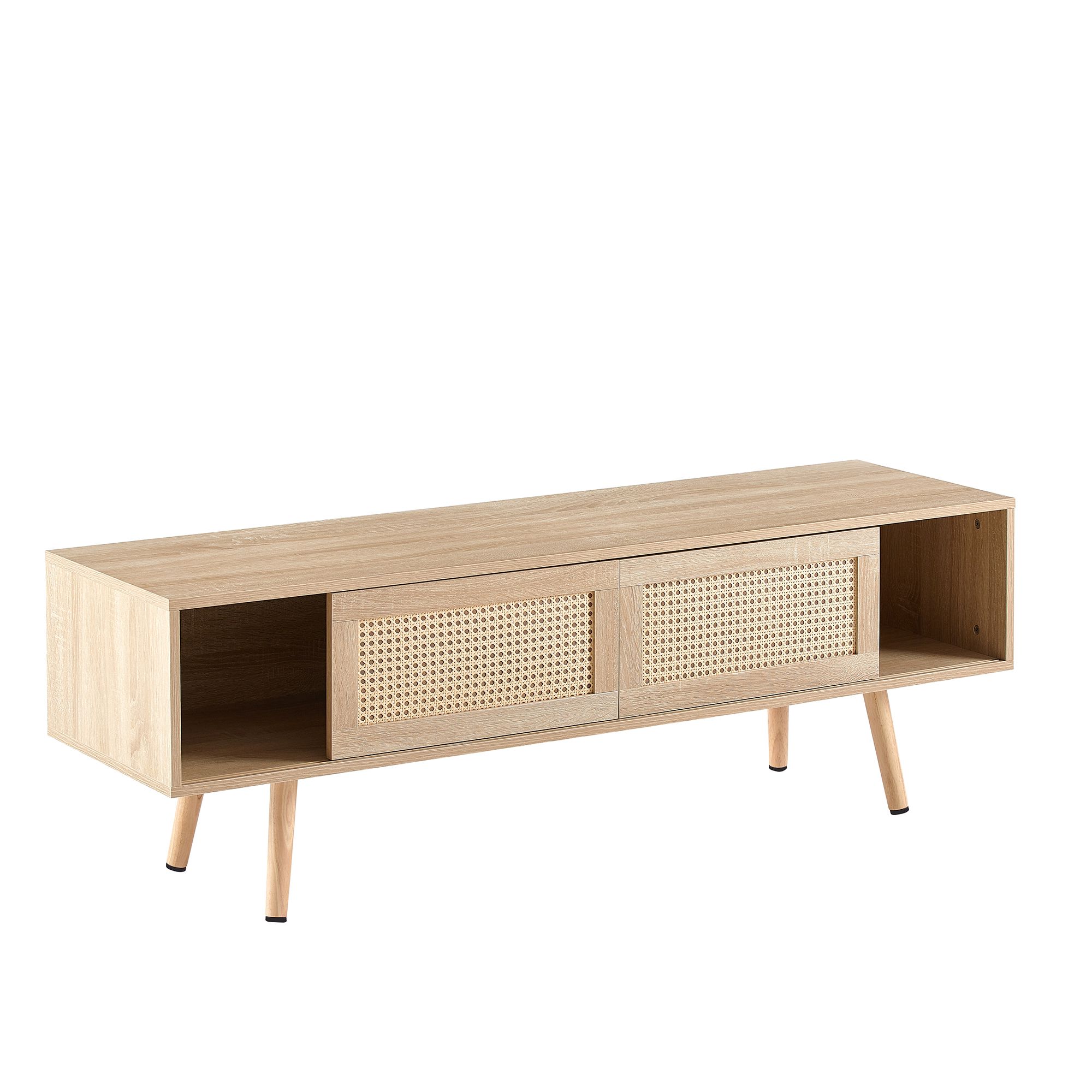 DEALTOPS Modern Rattan TV Stand with Sliding Doors and Open Storage Compartments for TVs up to 55'' -Natural