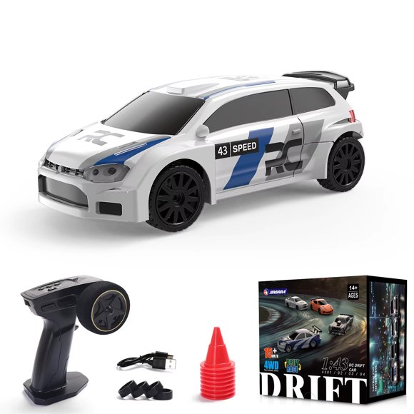 2.4Ghz 1:43 Scale Four-Wheel Drive (4WD) High-Speed RC Drift Racing Car Toy with Remote Control, USB Charging Cable, Spare Tire & Roadblock Cones - Blue Rally Style, Single Battery, for Ages 14+ -