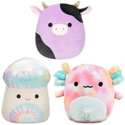 Squishmallows Set of 3 5" Alexie the Purple Cow, Kervena the Tie Dye Mushroom, and Aksel the Axolotl Mini Plush Doll