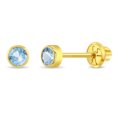 thumbnail image 1 of Or Jaune 14k Clous Ronds 3 mm en Aigue-Marine Simulée avec Fermoirs Vissés pour Bébés Filles, 1 of 7