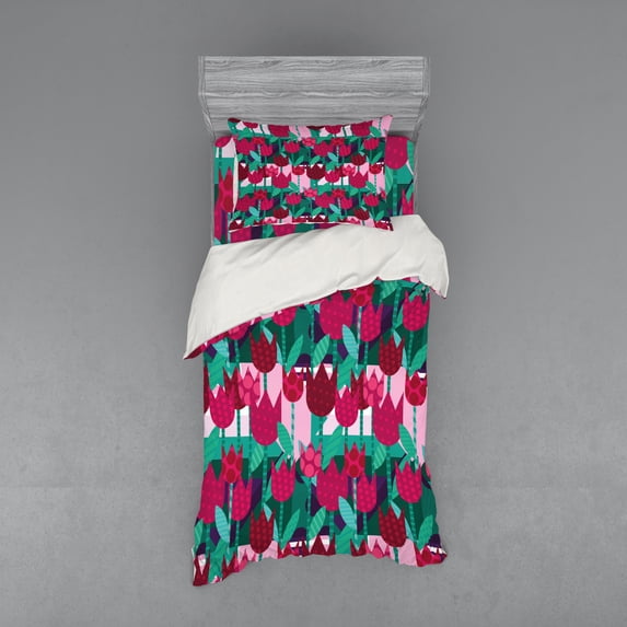 Ambesonne Floral Bedding Set 3 Pcs, Abstract Tulips Flowers, Twin, Jade Green and Red