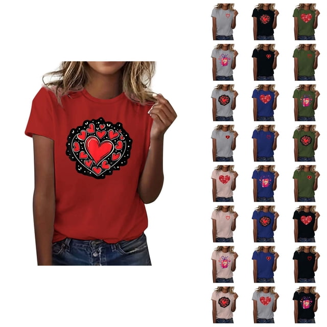 T-shirts de la Saint-Valentin pour Femmes 2026 Mode Manches Courtes Col Rond Cœur Graphique