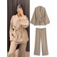 thumbnail image 1 of Blusa de manga larga con cuello con muescas para mujer, traje informal liso con cordones, Pantalones rectos, holgado, a la moda, primavera, 2024, 1 of 5