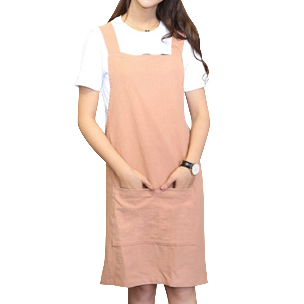 Opromo Soft and Lightweight Cotton Linen Apron with Pockets and Cross Back Straps, Female, 39.4
