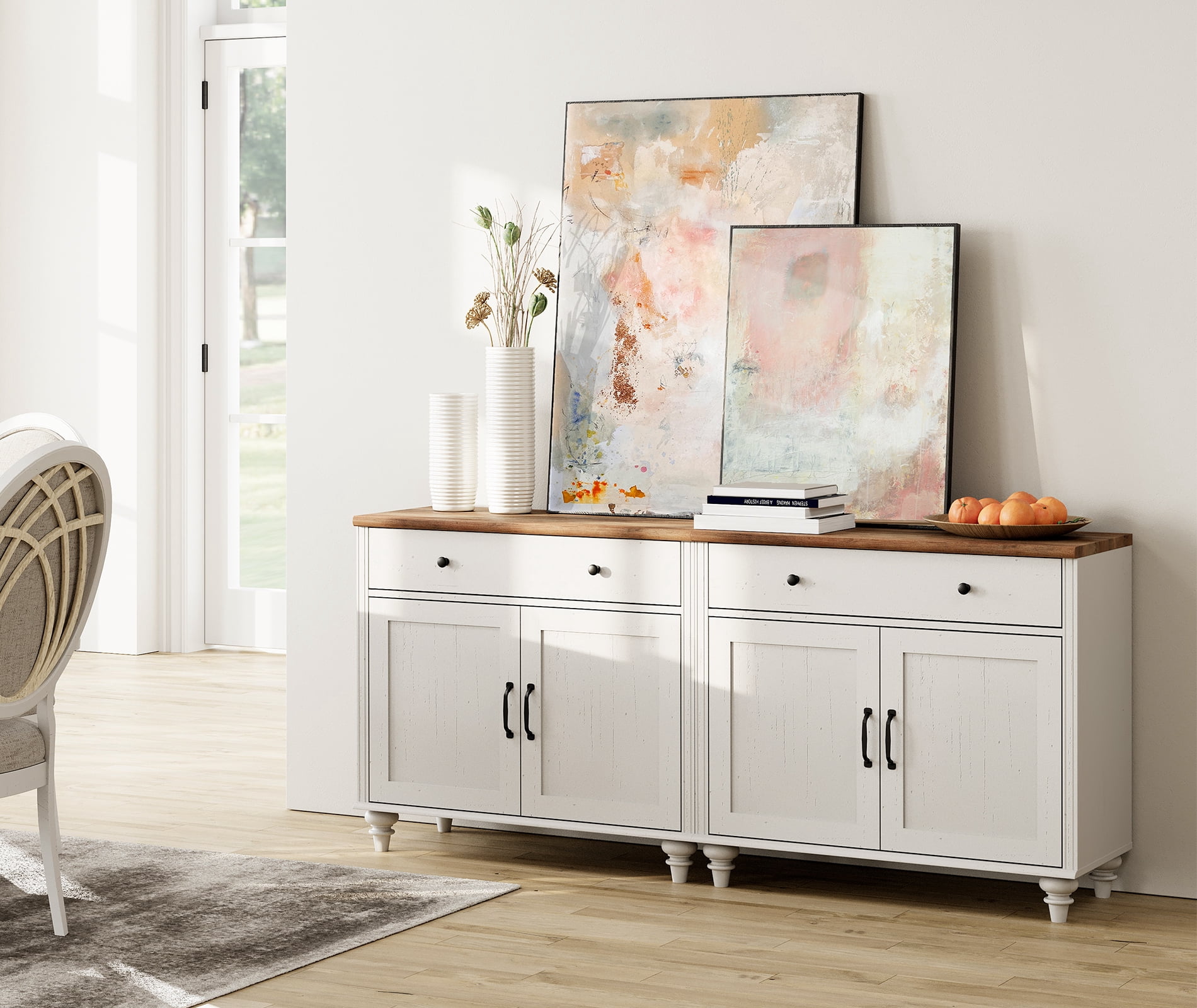 White Sideboard Cabinet with 4 Wooden Doors, Credenzas & Sideboards, Large Buffet Cabinet Wood Kitchen Storage Cabinets, Modern Farmhouse Sideboard Credenza for Dining Room, White, 67 inch