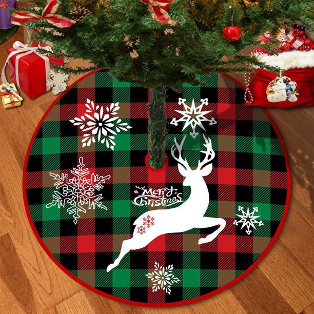 CaiYueKe Christmas Tree Skirt, Red Tree Skirts 35.4 Inch with Snowflake Reindeer Rustic Farmhouse Xmas Tree Skirt Christmas Decorations for Holiday Party Decoration
