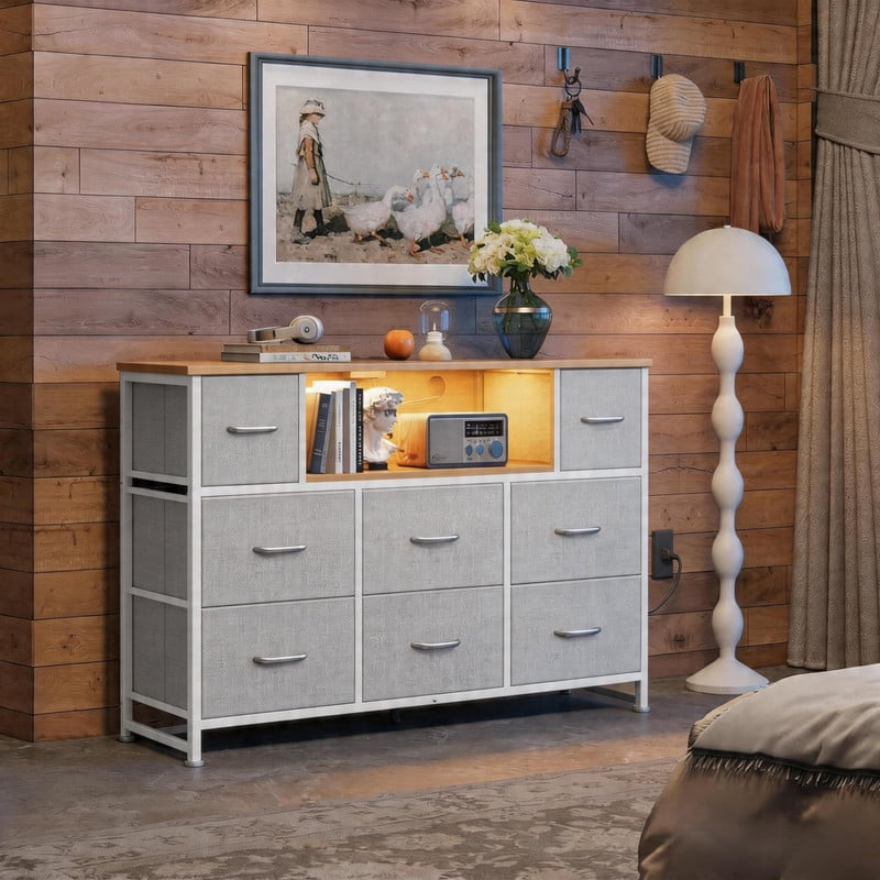 Simple Deluxe TV Stand Dresser with 8 Fabric Drawers and Open Shelves, Entertainment Center with LED Lights & Charging Station, Wood Top for 45" -55" TV, for Bedroom/Living Room/Hallway, Light Gray