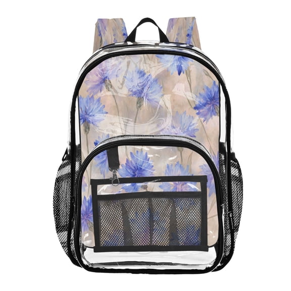 Clear PVC Backpack 12L Transparent Shoulder Bag with Mesh Pockets Elegant Blue-purple Cornflowers