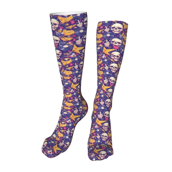 Xecao rock Skull record Print Calf Socks Seamless Toe, Knee High Long Socks, Sports Socks Trouser Socks for Women and Men-One Size