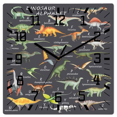 Wall Clock Dinosaur Family Operated Square Clocks Wooden Silent Non-Ticking Wallclock 10 Inch Learning Alphabet A to Z Name Grey Wood Wall Clock for Living Room Bedroom Office Shool Home Decor