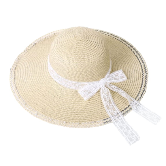 56-58cm hat circumference women's sun hat sunscreen beach straw hat lace bow summer sun hat - Beige