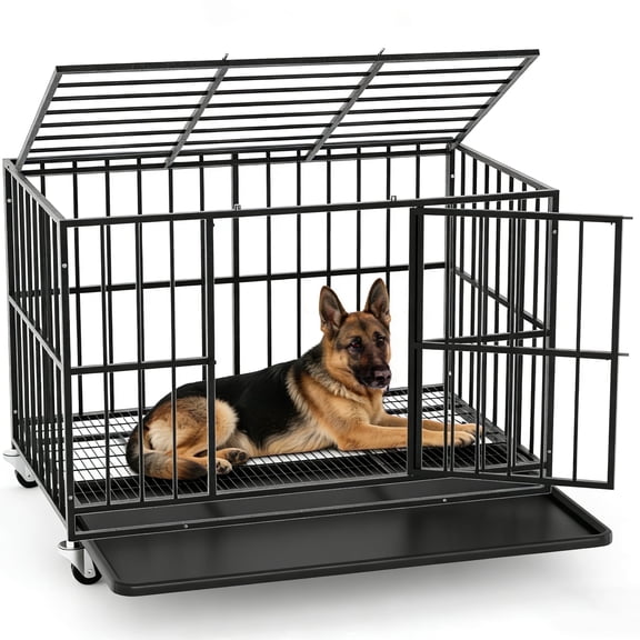 TIME RAY 48 Inch Heavy Duty Dog Crate Cage for Large Dog with Steel Escape Proof, Indoor & Outdoor Double Doors,Lockable Wheels and Removable Tray,Black