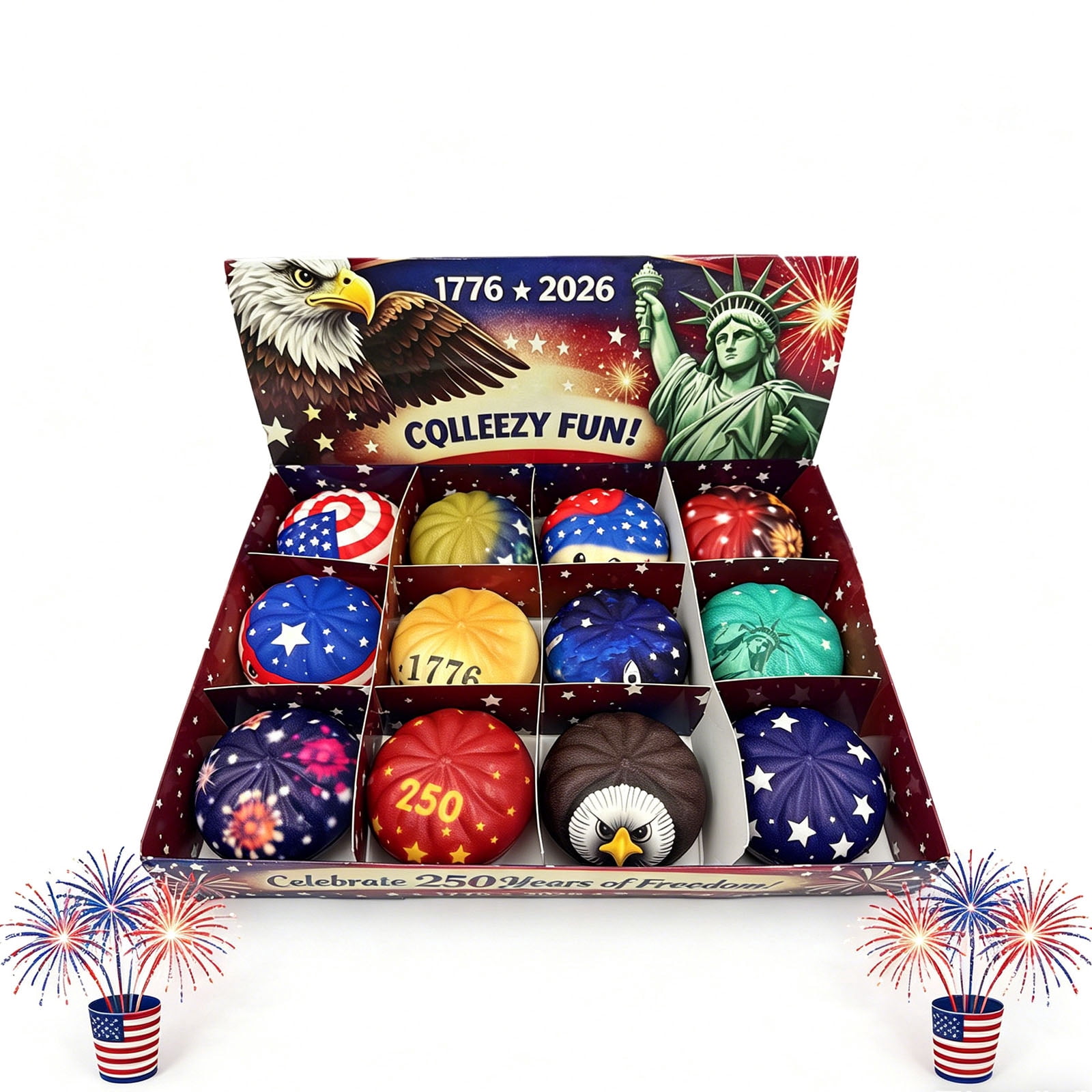 250th Anniversary Dumpling Squishys Set - 12PCS 250th Anniversary Fidget Squishys Toys, Dumpling Stress Balls, Portable Glitter Dumpling Toys, Sensory Focus Stress Relief Toys for Adults
