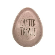 Rae Dunn EASTER TREATS Pink Ceramic Speckled Egg-shaped Plate inscribed in Black LL letters 6" X 8"