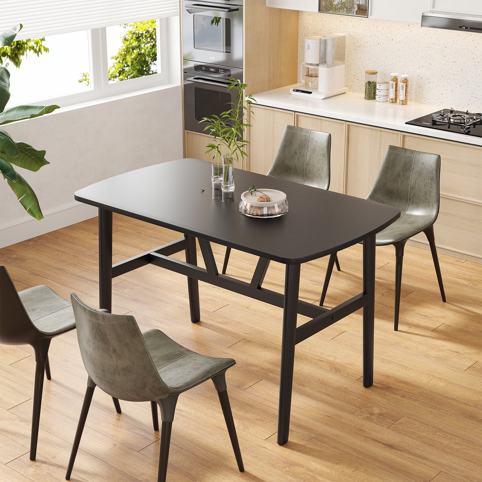47.2 Inch Black Rectangular Dining Table for 4-6 People, Modern Wood Kitchen Dinner Table, Sturdy Trapezoidal Metal Frame, Safe Rounded Corner Design for Dining Room, Kitchen and Restaurant