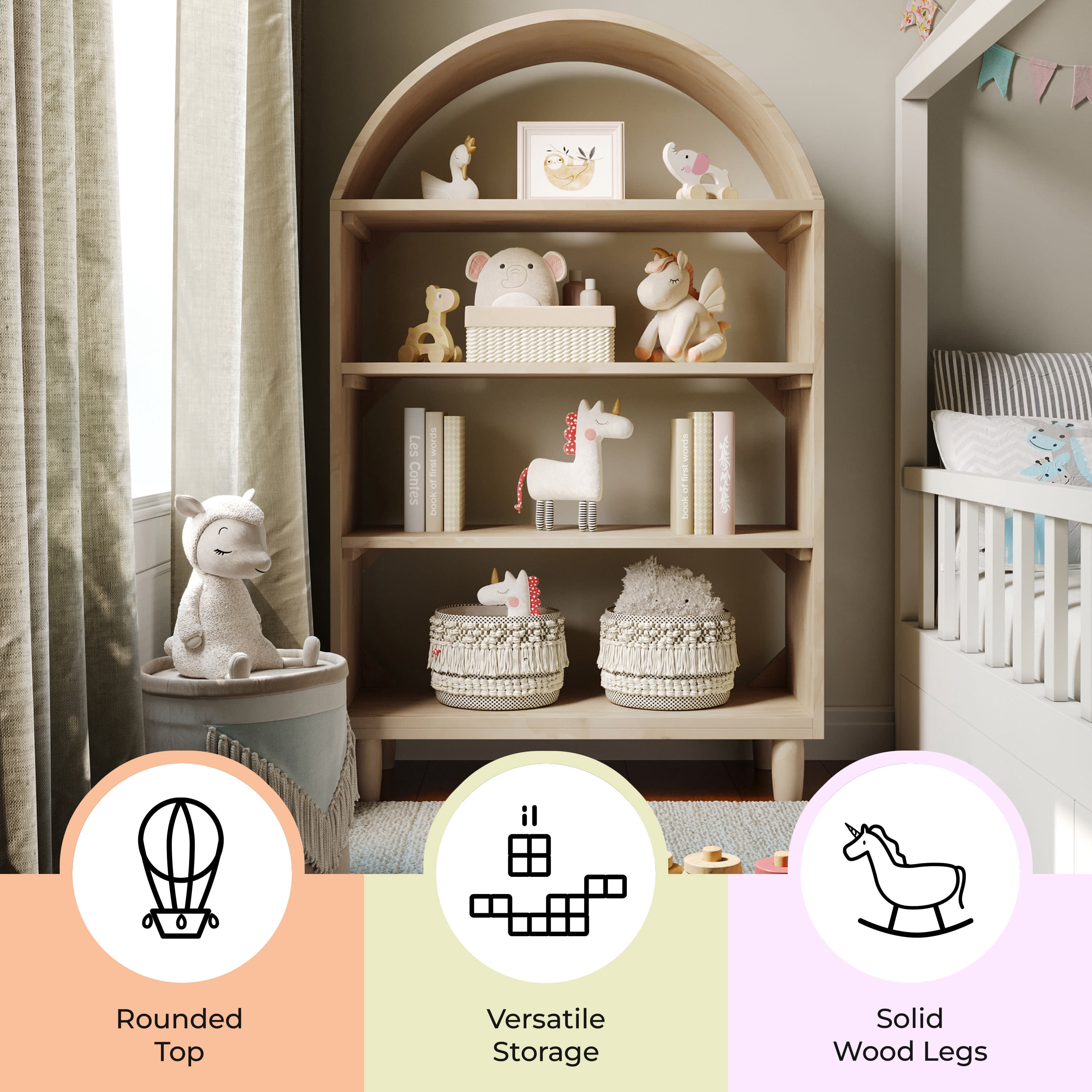 Buzz & Bloom Kids Open-Style Engineered Wood Bookshelf with 4 Shelves and Covered Rounded Top, Natural