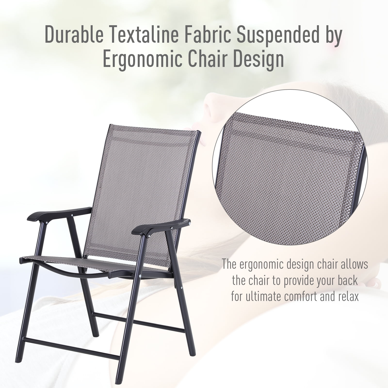Set of 2 Patio Folding Chairs, Stackable Outdoor Sling Patio Dining Chairs with Armrests for Lawn, Camping, Dining, Beach, Metal Frame, No Assembly, Gray