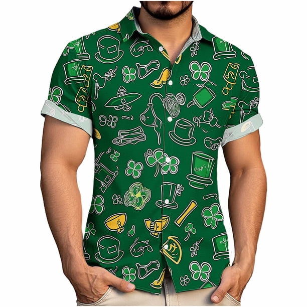 Ceisia Men's St. Patrick's Day Short Sleeve Shirt Clover Print Regular Straight Fit Green Turn-Down Collar Spring Summer Shirt Gift