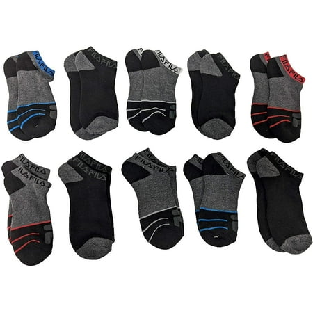 Fila Kids Boys 10-Pack Half Cushion No Show Socks Random Knit Block - Black, Boys Large Shoe Sizes 4-10