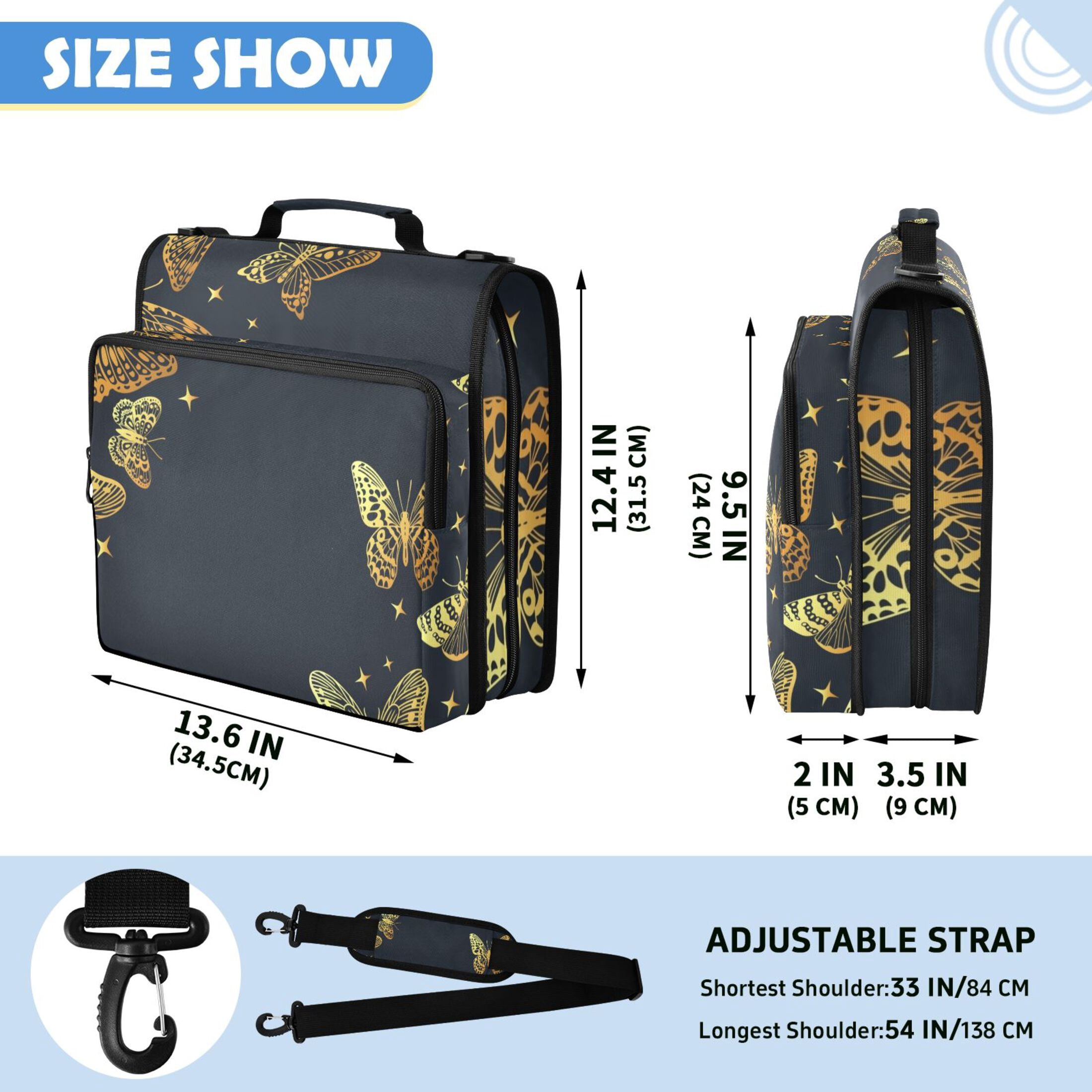 ALAZA Zipper Binder Golden Butterfly Pattern 2 inch 3 Ring 500 Sheet Capacity Trapper Keeper File Folder Organizer Bag