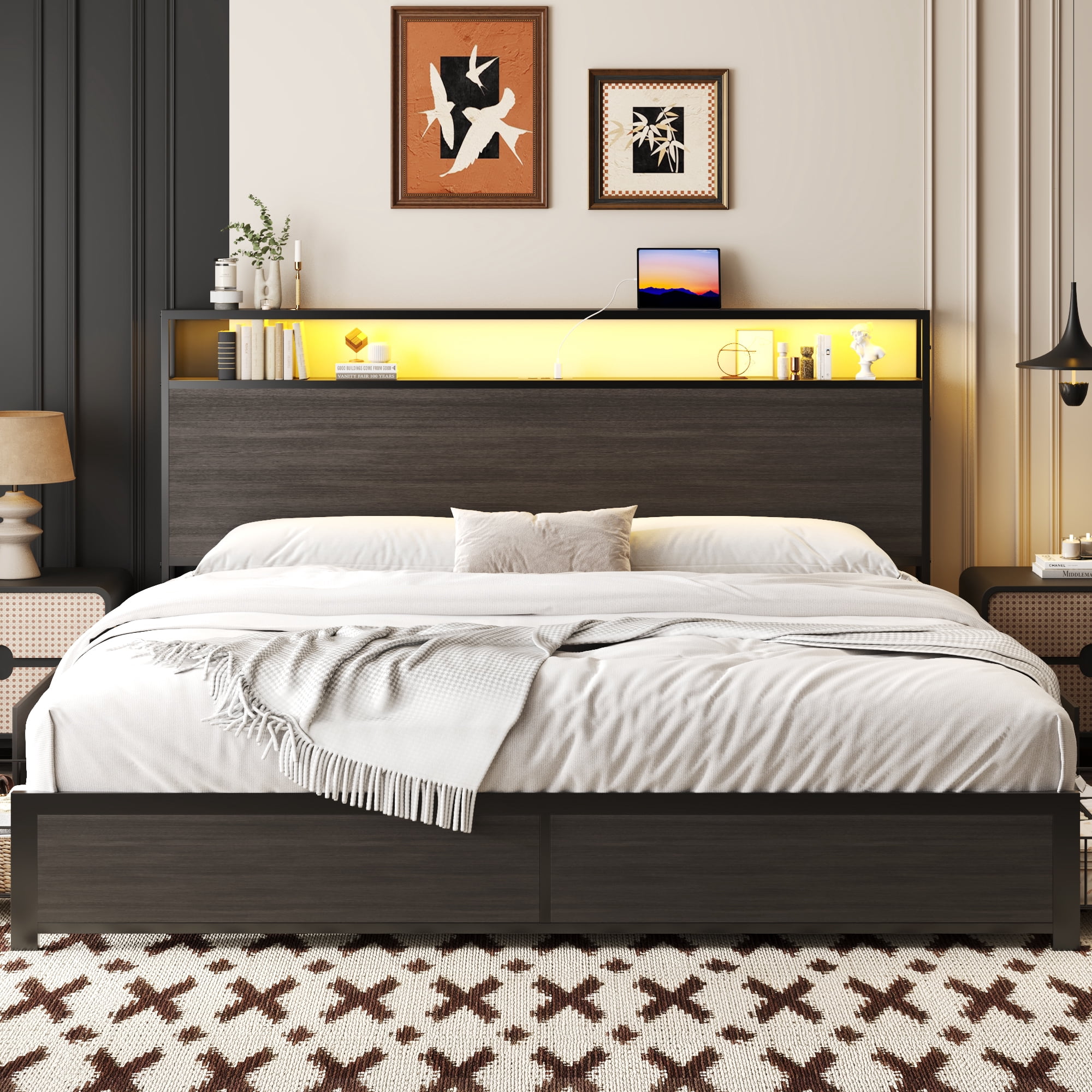 Fluest King Bed Frame with 2-Tier Storage Headboard, USB Port and LED Light, 4 Storage Drawers, Gray