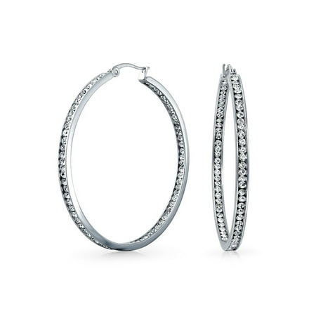 14k Stainless Steel Earrings - Round Channel Set CZ Inside Out Large Hoop Earrings For Women 14K Silver Tone Stainless Steel 2 In Dia