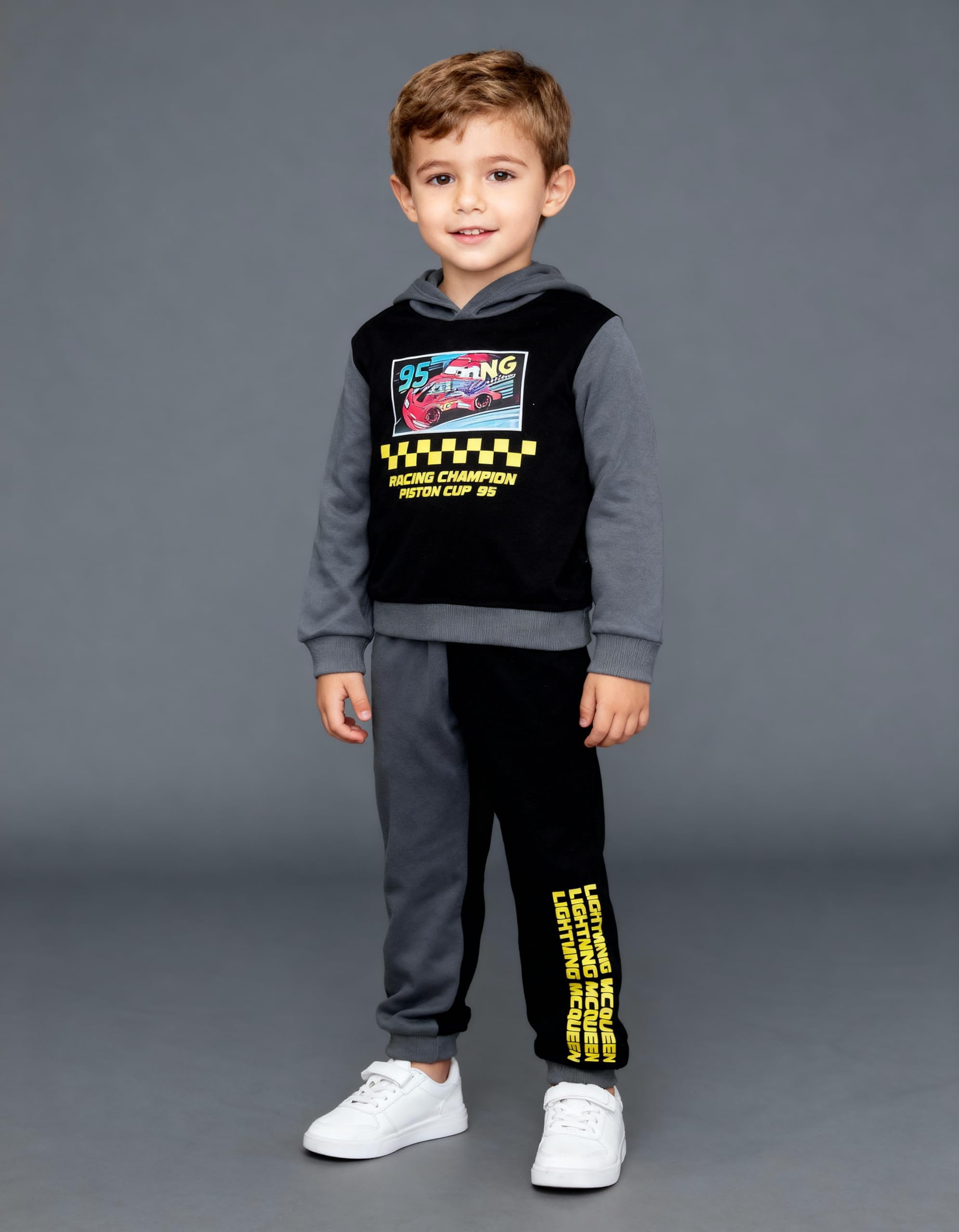 Disney Cars Lightning McQueen Toddler Boys’ Outfit Set - Two Piece Hoodie Sweatshirt with Holographic Patch & Gloss Ink Jogger Pants (Grey, 3T)