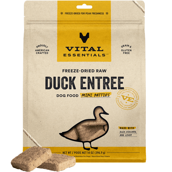Vital Essentials Freeze-Dried Raw Dog Food, Duck Mini Patties Entree, 14 oz