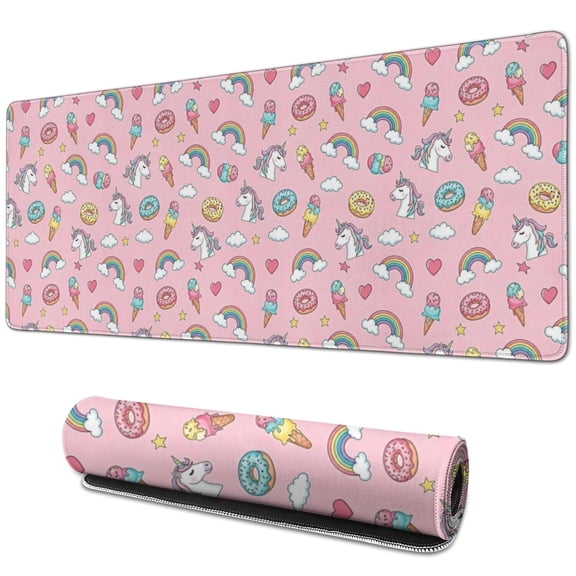 Long Mouse Pads for Desk,Pink Cartoon Unicorn Dessert Rainbow Heart Desk Mats on Top Of Desks, Desk Mouse Pad Extra Large with 3mm Non-Slip Base and Stitched Edge for Gaming,Work,Home 31.5"x11.8"