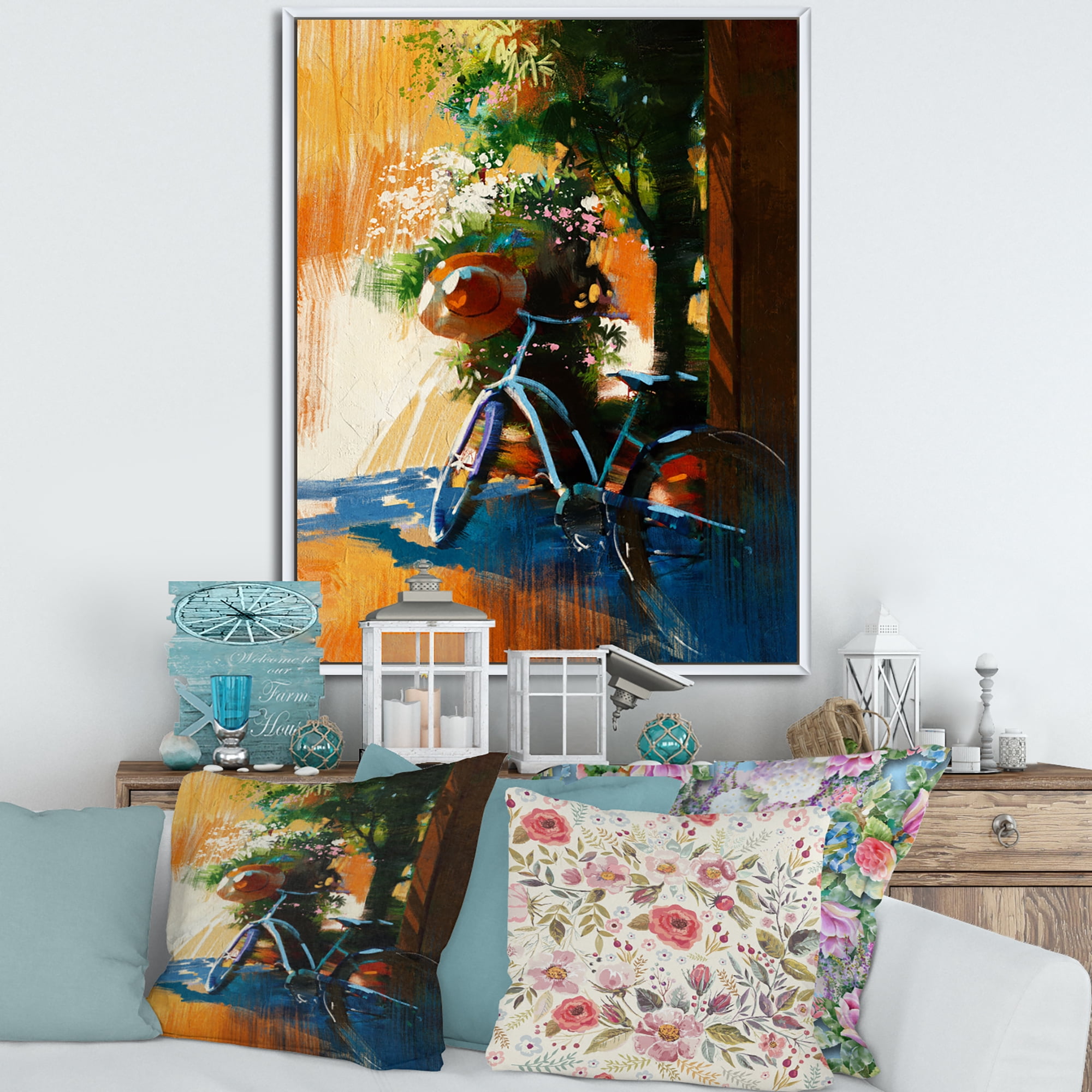Designart 'Ancient Bicycle and Old Hat On Summer Day' Vintage Framed Canvas Wall Art Print