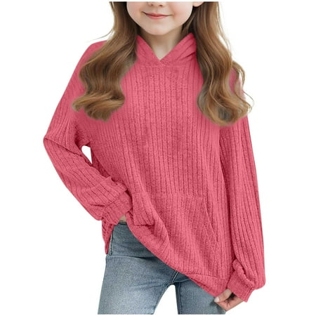 IVEYRTF Kids Hooded Sweatshirt Long Sleeve Solid Color Knit Ribbed Round Neck Pocket Tops for Boys and Girls Casual Comfortable Soft Fabric(Hot Pink 5-6 Years)